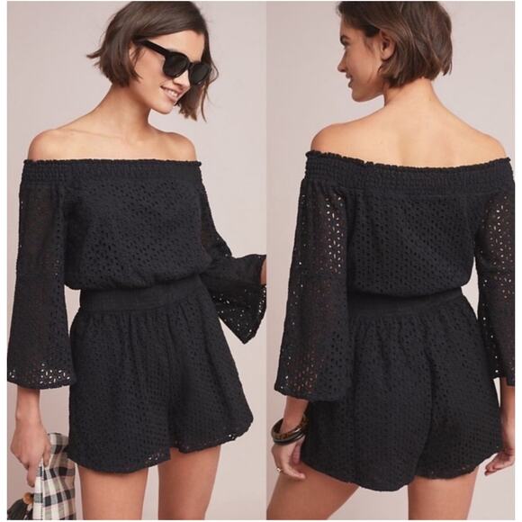 ANTHROPOLOGIE CHLOE OLIVER Eyelet Off-The-Shoulder Romper Black Crochet  Mini XS - Picture 1 of 11